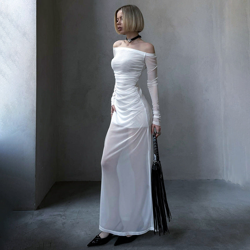 Robe sexy en maille transparente à manches longues et épaules dénudées