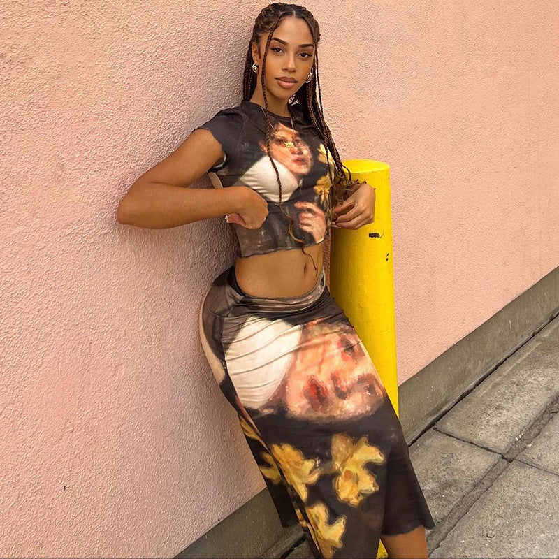 Women's Round-neck Top And Midi Skirt Two-piece Set