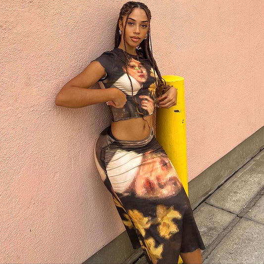 Women's Round-neck Top And Midi Skirt Two-piece Set