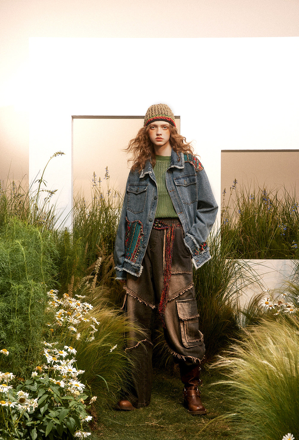 National Style Burrs Stitching Washed Denim Jacket