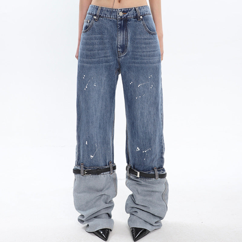 Jean délavé patchwork de couleurs contrastées