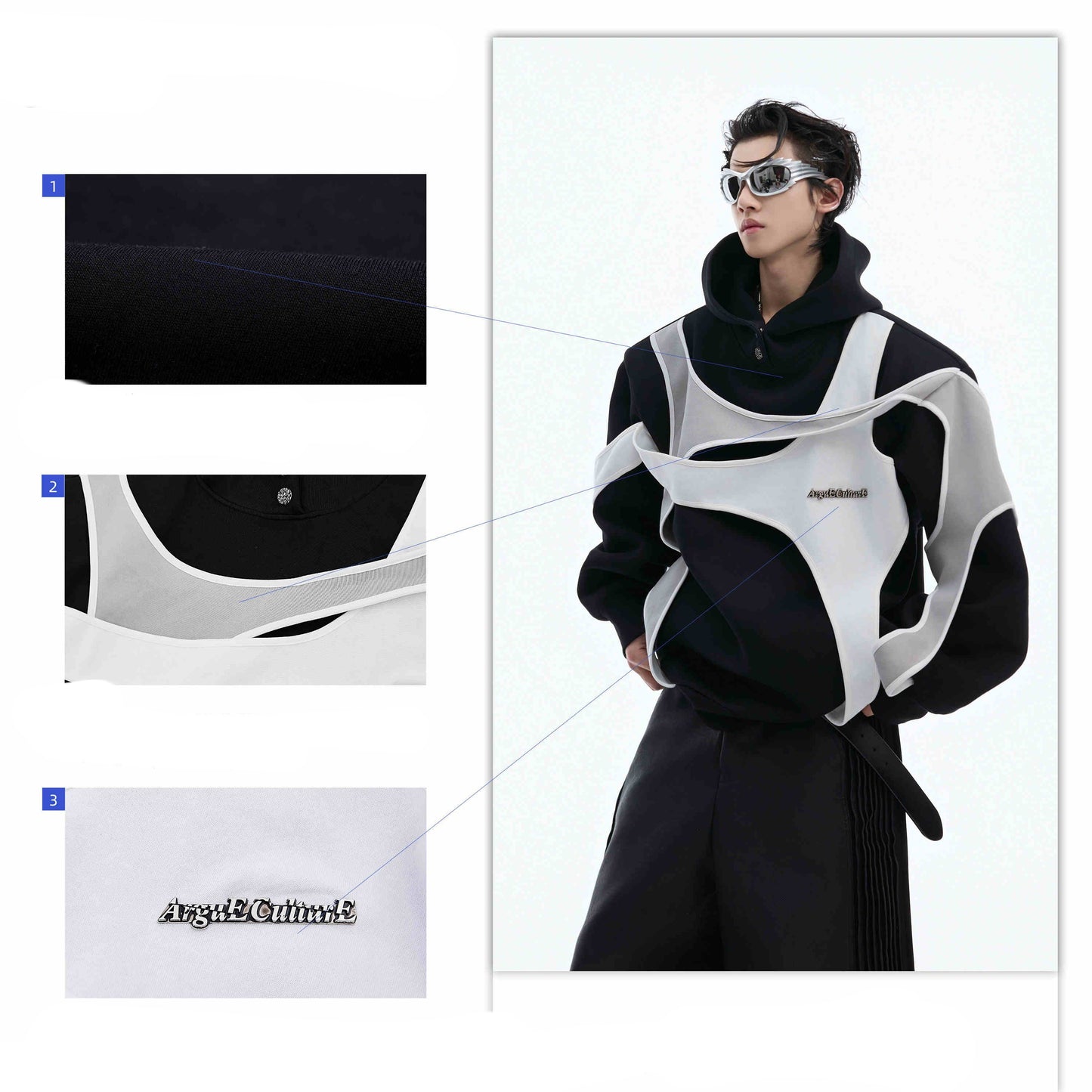 Felpa con cappuccio a doppio strato con cuciture a contrasto di colore