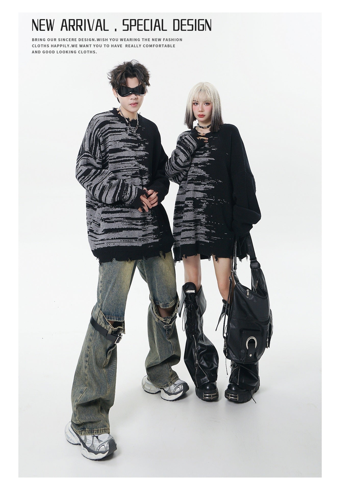 Zebra Pattern Color Matching Ripped Tassel Loose Round Neck Knitted Sweater