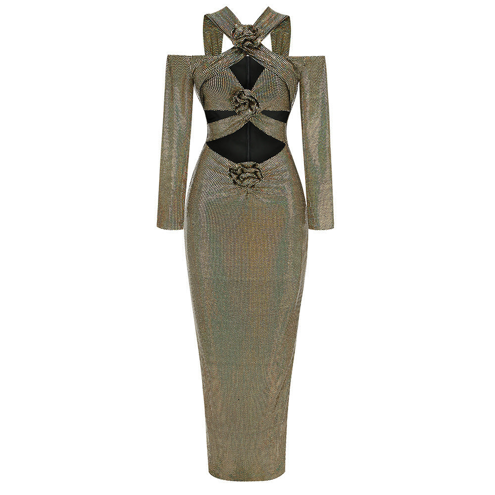 V-neck Long Sleeve Skirt Slit Hemline At Hem Dress