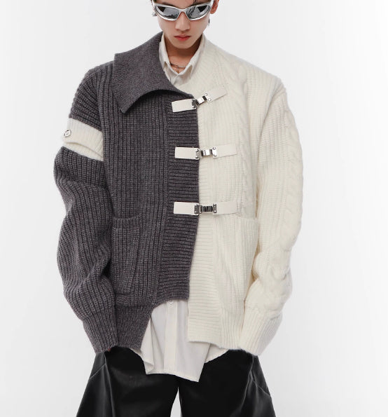 Deconstructing Sweater Loose Black And White Stitching Design Cardigan Metal Button Knitted Coat