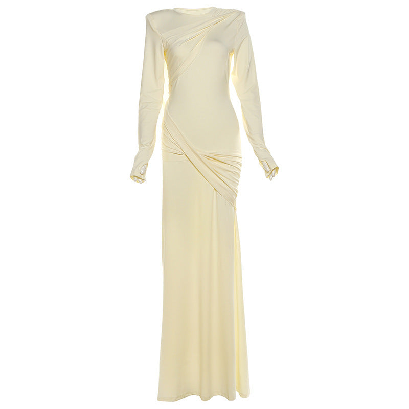 Polyester Slim Fit Backless Long Sleeve Solid Color Dress