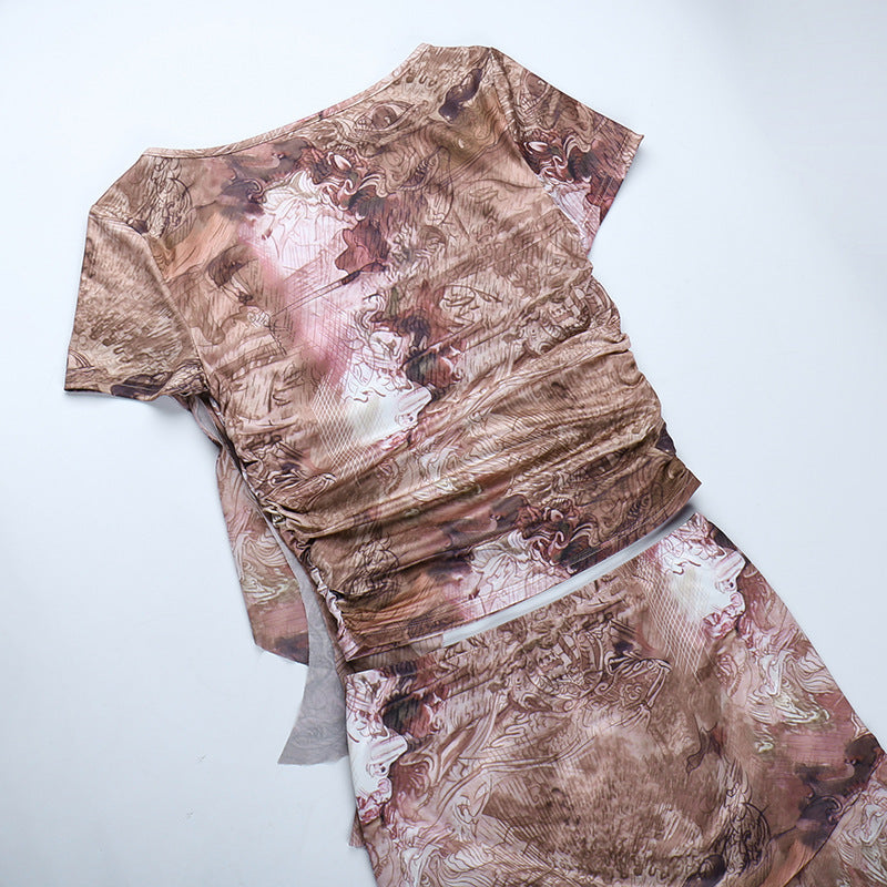 Ruffled Round Neck Printing Short Sleeve