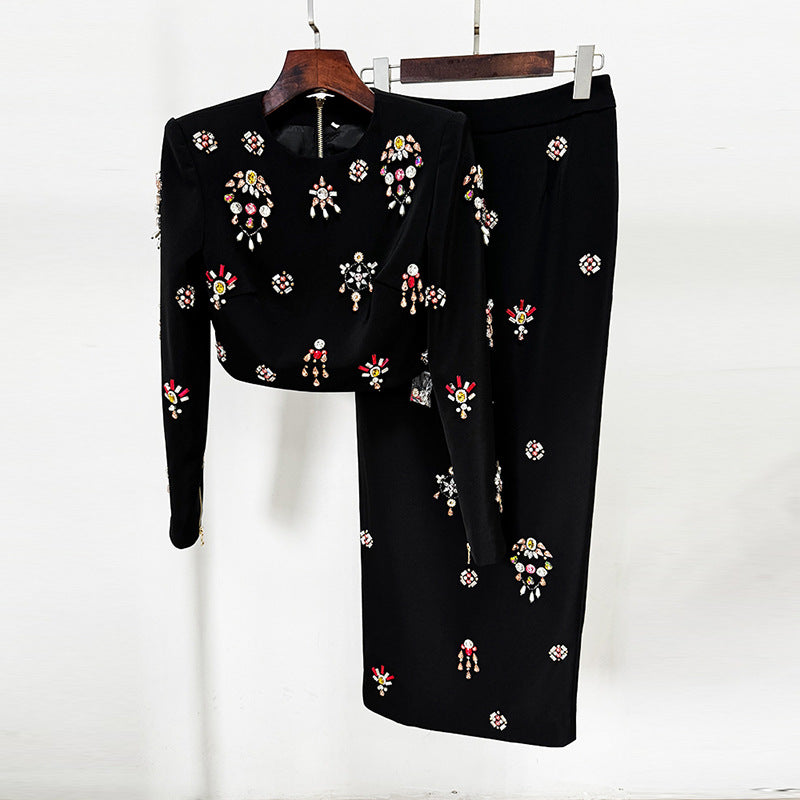 Fashion New Heavy Industry Beads Diamond Inlaid Short Top Long Skirt Suit Two-piece Set