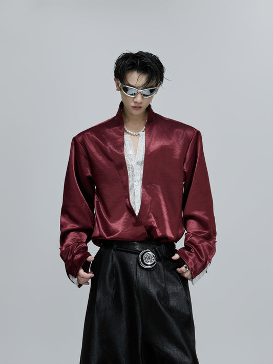 Loose-fitting Faux Two-piece V-neck Lace-panel Shirt