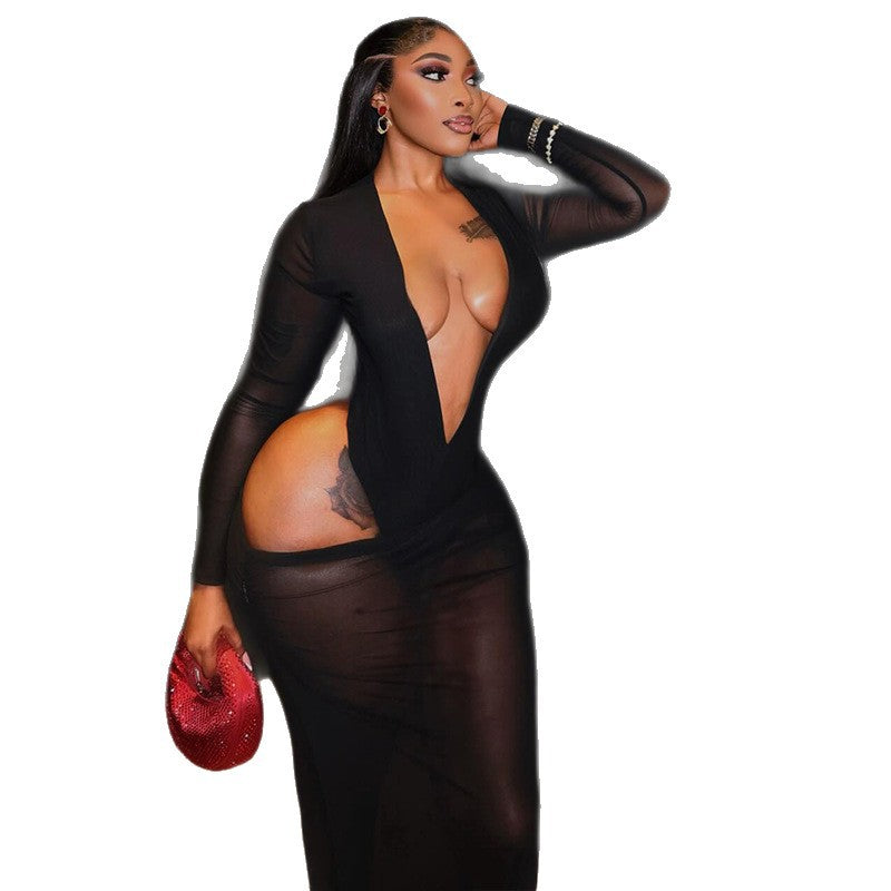 Womens Sheer Long-Sleeve Mesh Dress