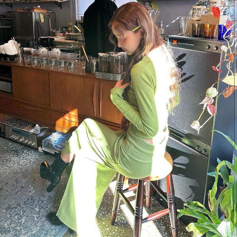 Round Neck Long Sleeve T-shirt Patchwork Slit Long Skirt Suit