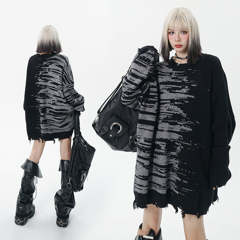 Zebra Pattern Color Matching Ripped Tassel Loose Round Neck Knitted Sweater