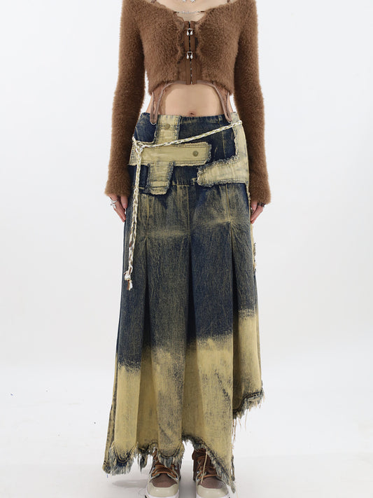 Irregular Patch Distressed Raw Edge Denim Skirt