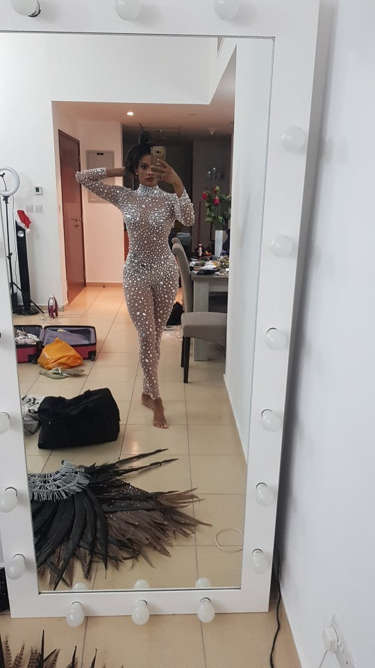 Combinaison à paillettes diamant, coupe ajustée, manches longues