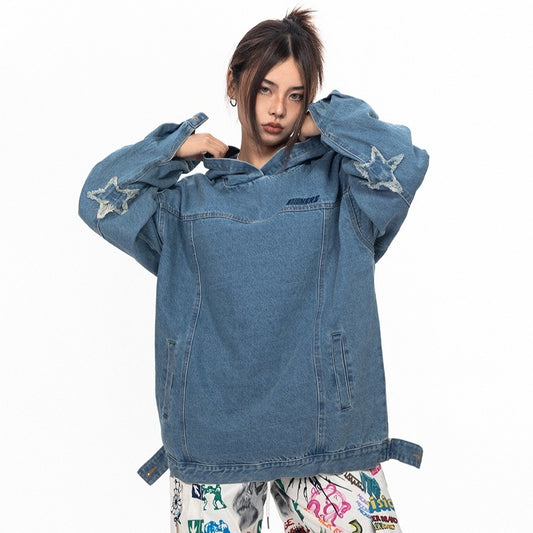 Haut ample à capuche en jean délavé rétro