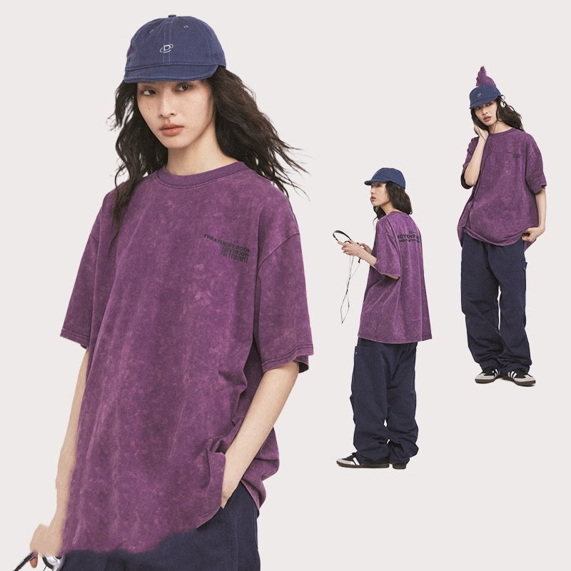 American High Street Retro Distressed Fashion Letters Printed Tatted Washed Short Sleeve