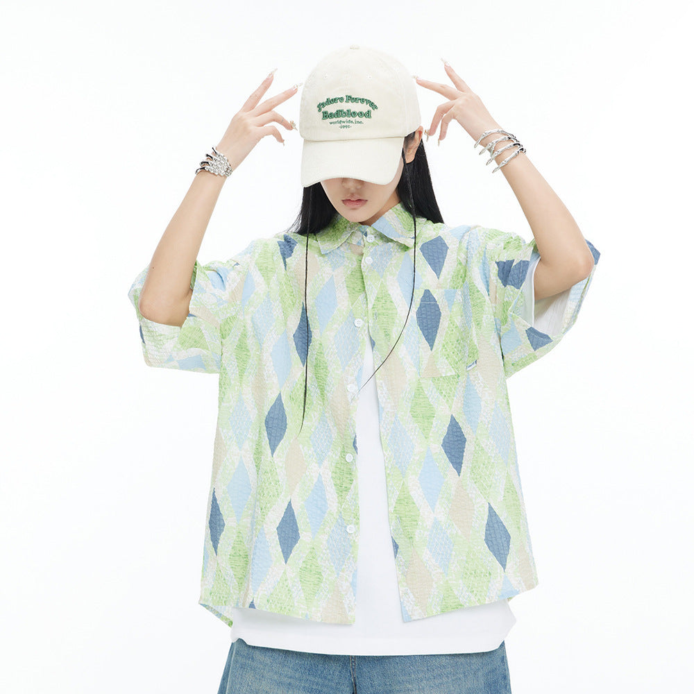 Camicia a quadri a maniche corte con motivo a rombi larghi