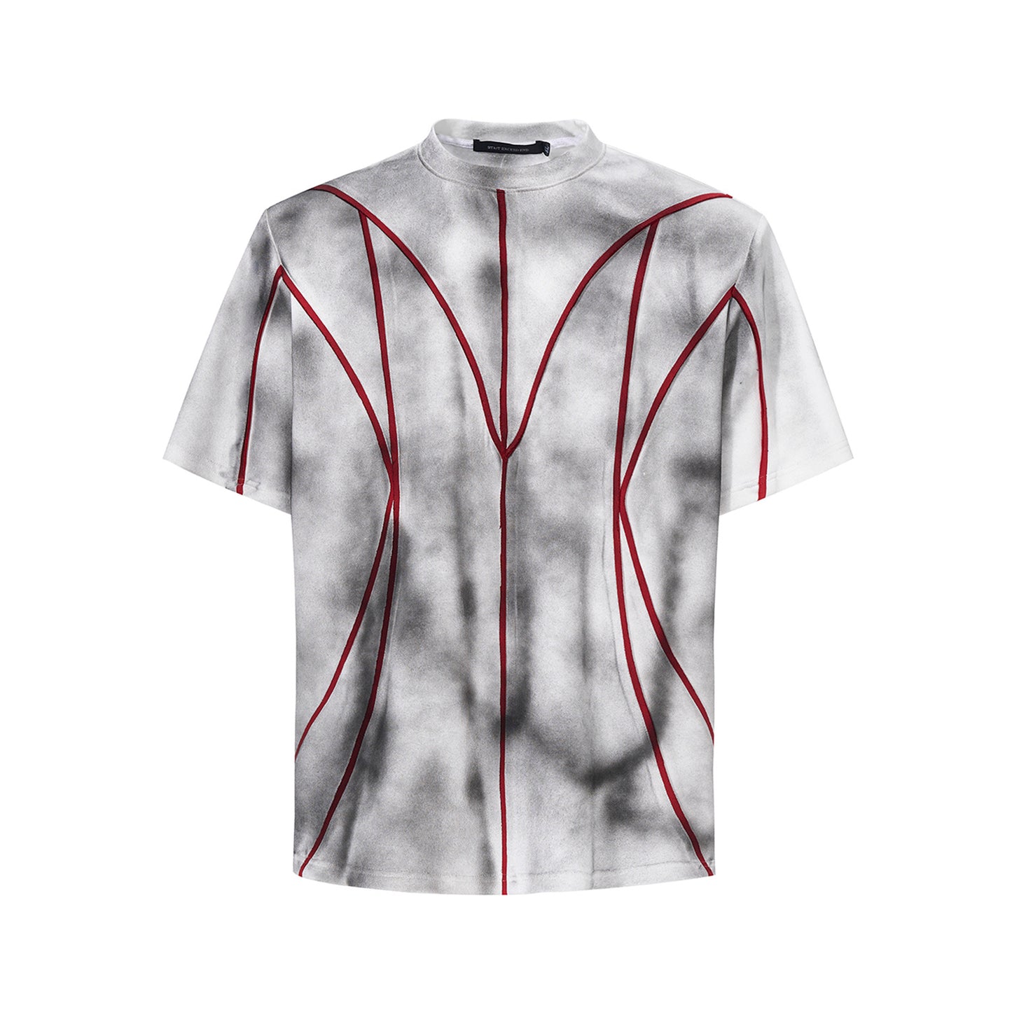 T-shirt à manches courtes et épaules rembourrées, col rond, patchwork tridimensionnel