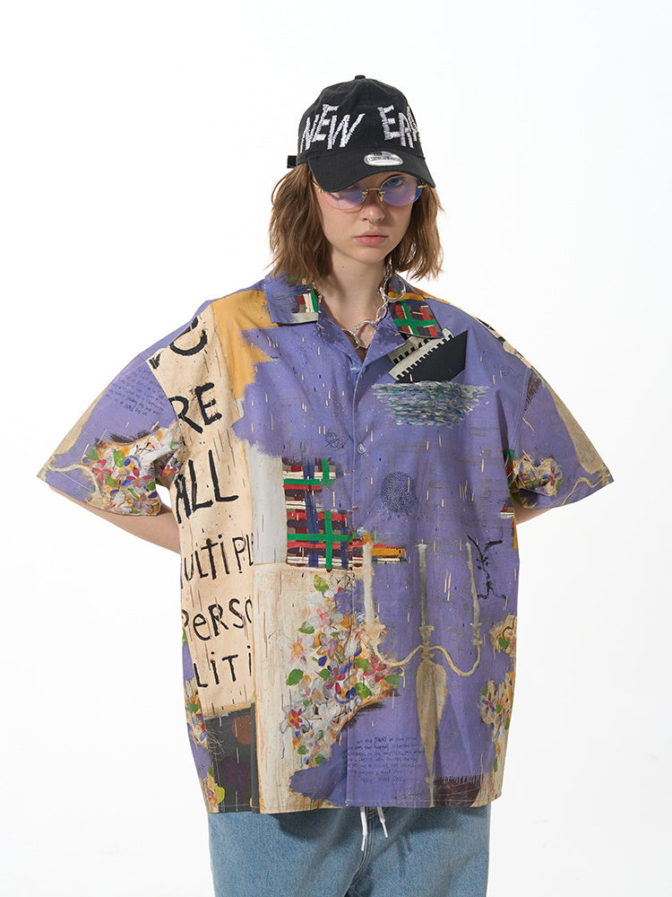 Chemise à manches courtes décontractée, ample, bleue et violette, tendance, assortie à tout