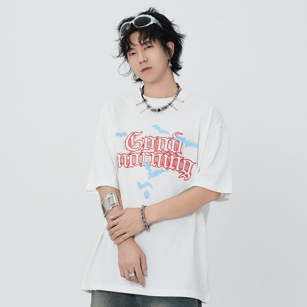 Punk Hip Hop Printed Letter Washed And Worn Short Sleeve T-shirt