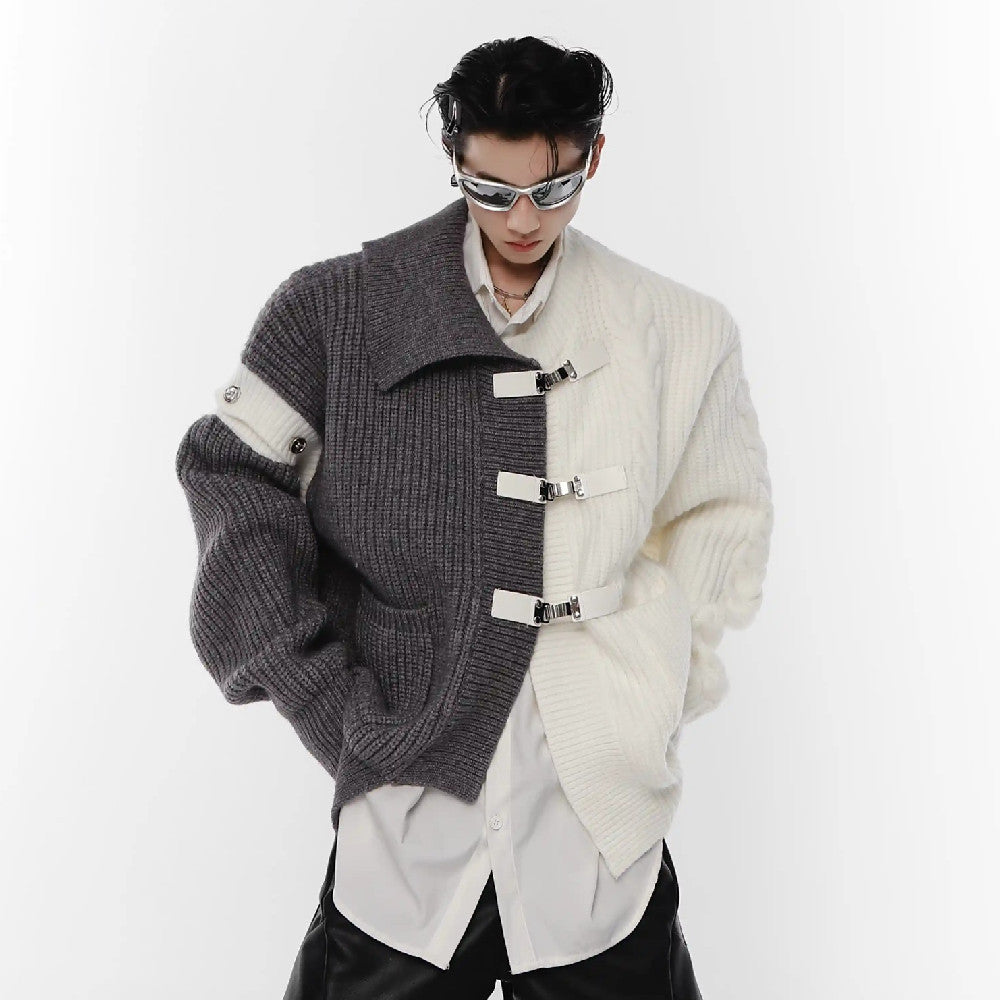 Deconstructing Sweater Loose Black And White Stitching Design Cardigan Metal Button Knitted Coat