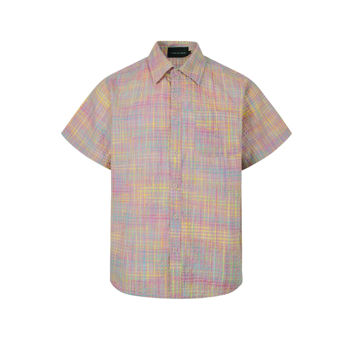 Plaid Seersucker Cross Yuke Loose Profile Short Sleeve Shirt Men's Summer