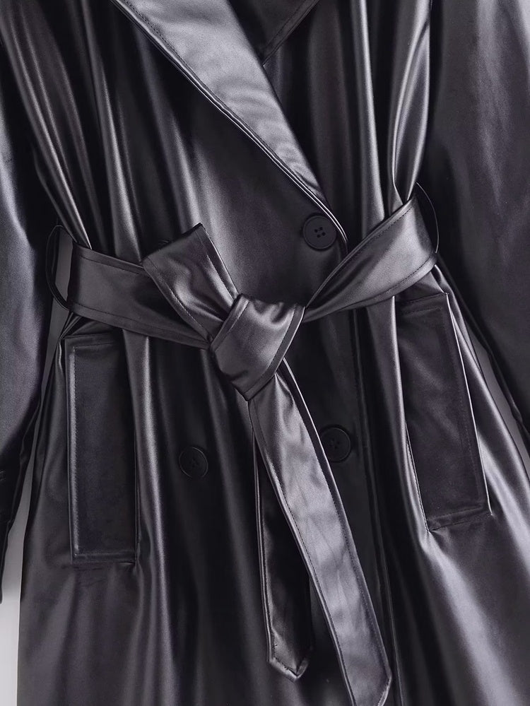 Clothing AutumnLong Sleeve Slim Fit With Belt Imitation Leather Trench Coat