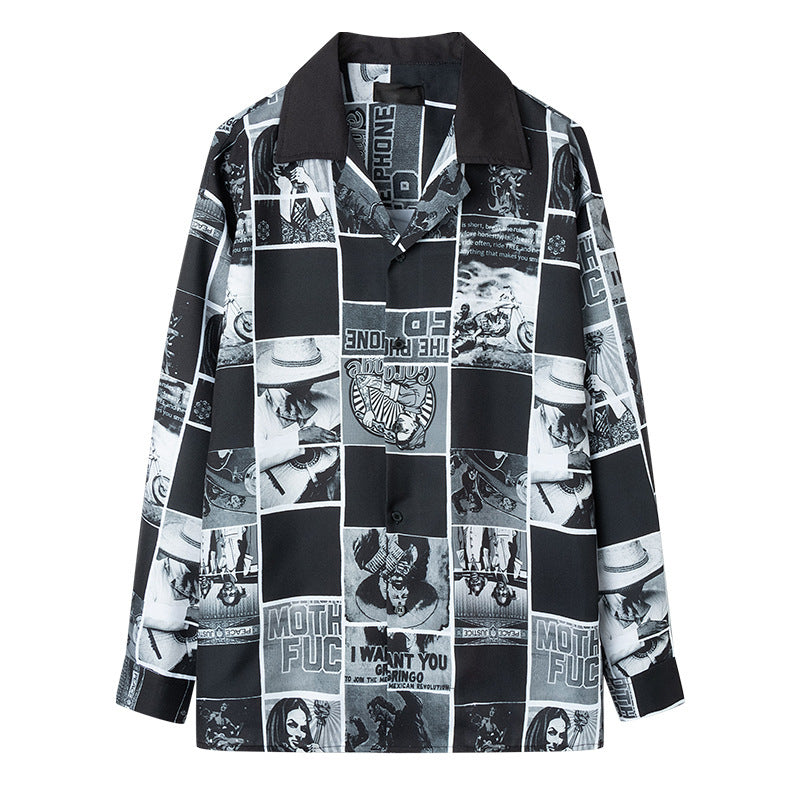 Full Print Comic Retro Flower Shirt Long Sleeve Casual