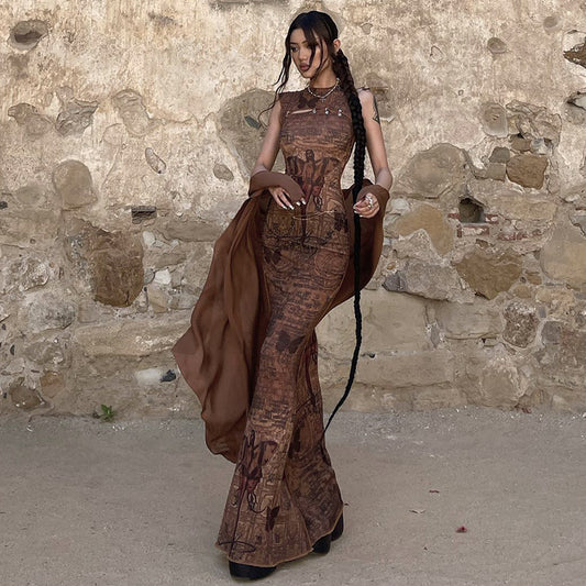 Round Neck Pullover Sleeveless Printed Hollow Dress Women