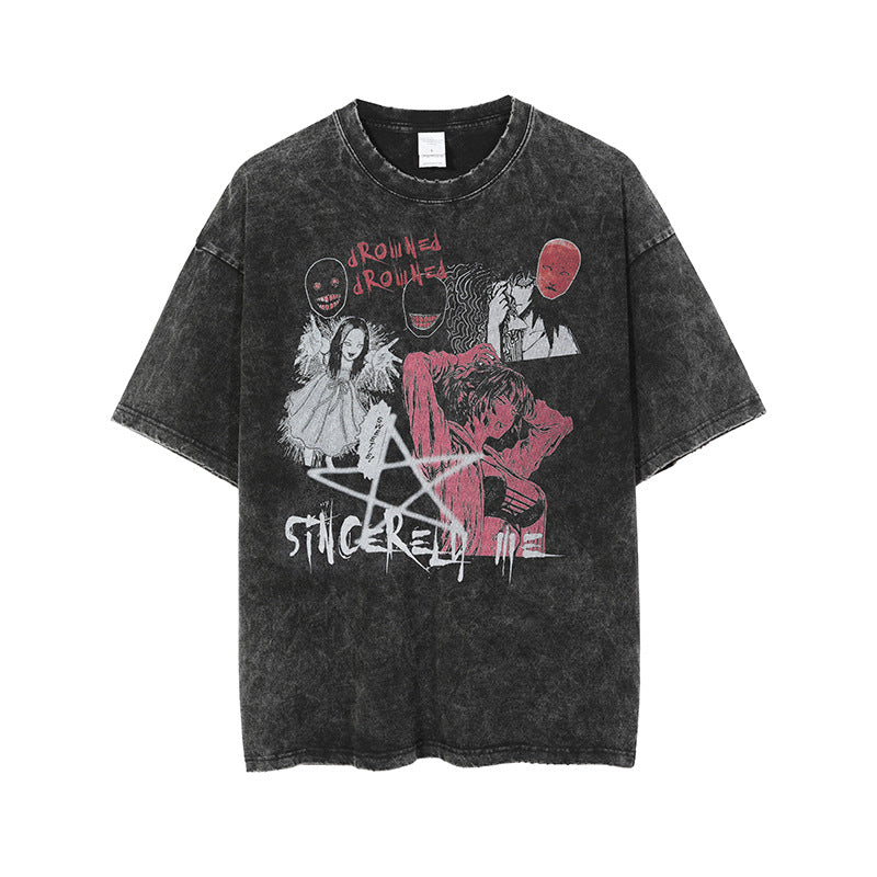 Men's Comic Graffiti Loose Washed Distressed Short Sleeve T-Shirt