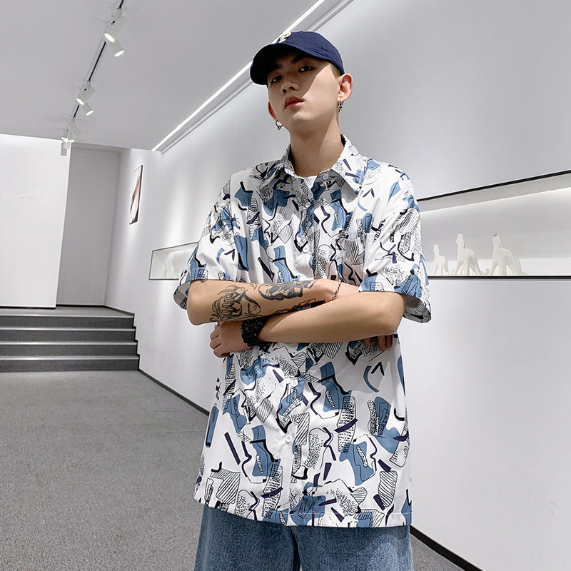 Solid Color Drop Shoulder Print Extra Loose Shirt Tide Brand Short Lining