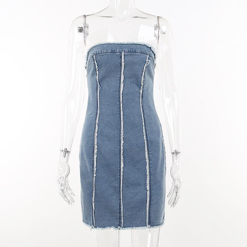 Ripped Wool Tops Denim Tube Top Wrapped Chest Sheath Dress