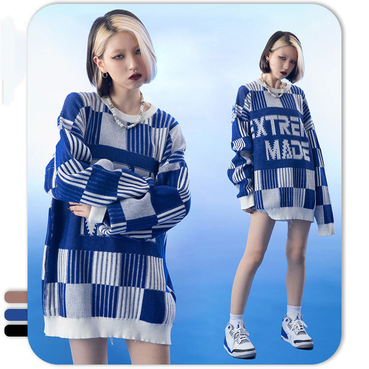 Retro Pixel Letters Street Round Neck Pullover