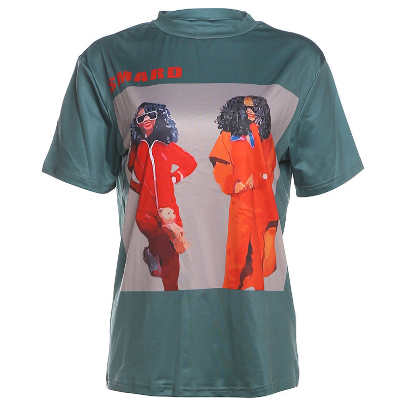 Ins Fashion Personalized Black Head Printed Top Loose Short Sleeve