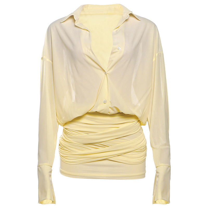 Spring New Elegant Sexy Lapel Slim-fit Sheath Lace-up Shirt Dress