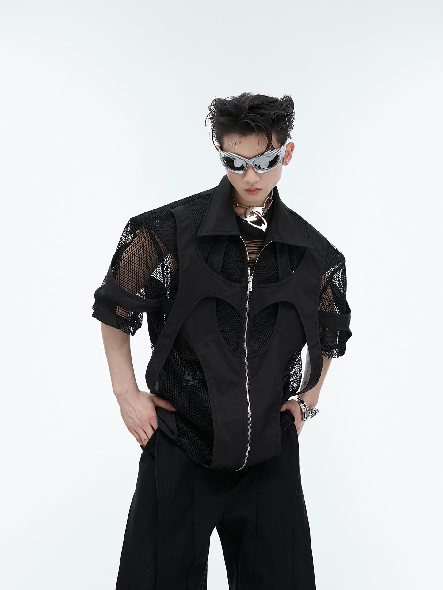 Hollow Mesh Short-sleeved Shirt Double-layer Stitching Loose T-shirt Coat