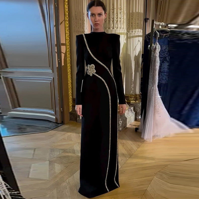 Long Sleeve Socialite Temperament Beads Rhinestones Dress