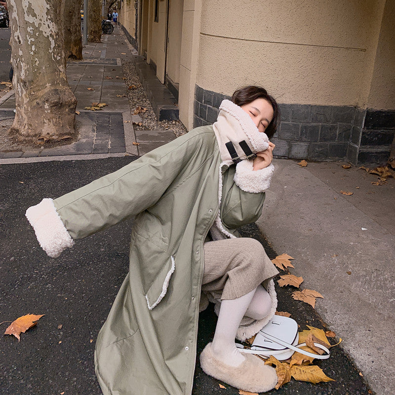 Lazy Style Parka Coat Mid-length Casual Three-color Lamb Wool Coat