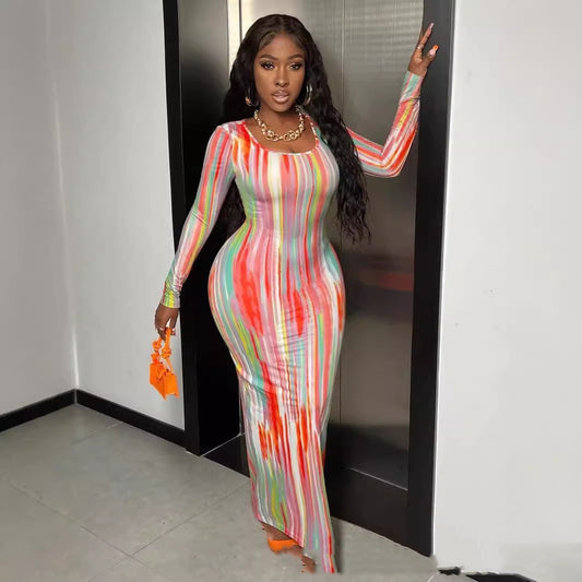 Robe à manches longues imprimée Temperament Commute