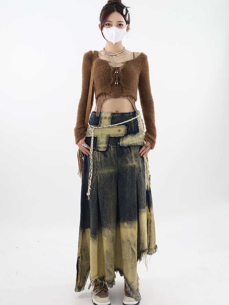 Irregular Patch Distressed Raw Edge Denim Skirt