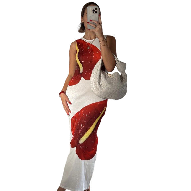 Sweet Sleeveless Digital Printing High Waist Hip Slit Long Dress