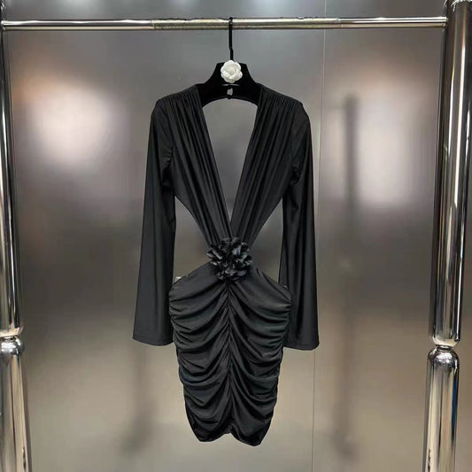 Fashion Deep V-neck Padded Shoulder Long Sleeve Waist Hollow Dress