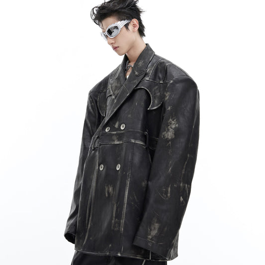 Heavy Niche Deconstruction Retro Distressed PU Leather Suit Jacket