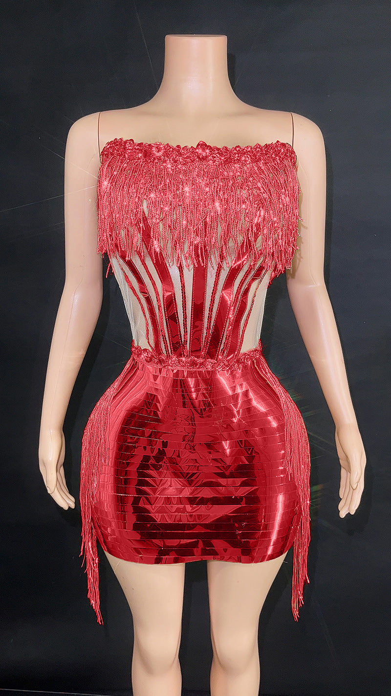 Fashion Hip Tassel Tube Top Short Skirt