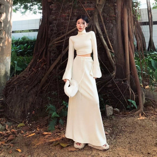 Spring And Autumn New Half Turtleneck Short Top High Waist Sheath Skirt Two-piece Set