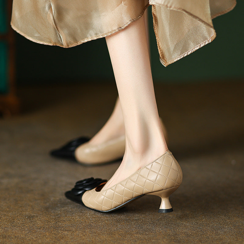 Matching Color Inside And Out All Leather Exquisite Small Fragrance Wind Heel Shoes