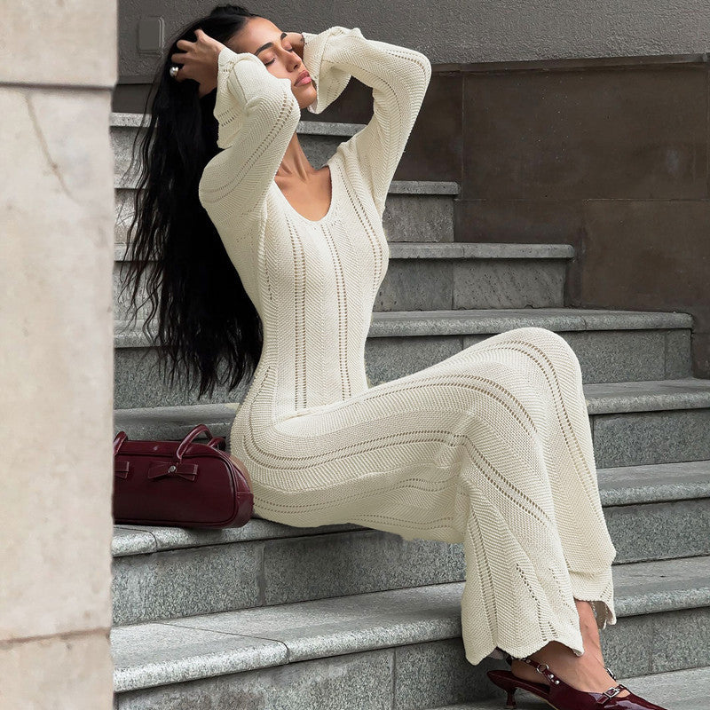 Robe en laine de couleur unie à manches longues et col en U, style tendance