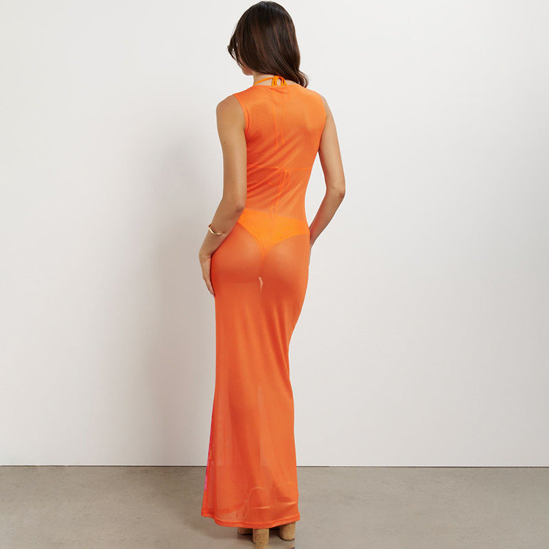 Printed Round Collar Gauze Slim Fit Dress