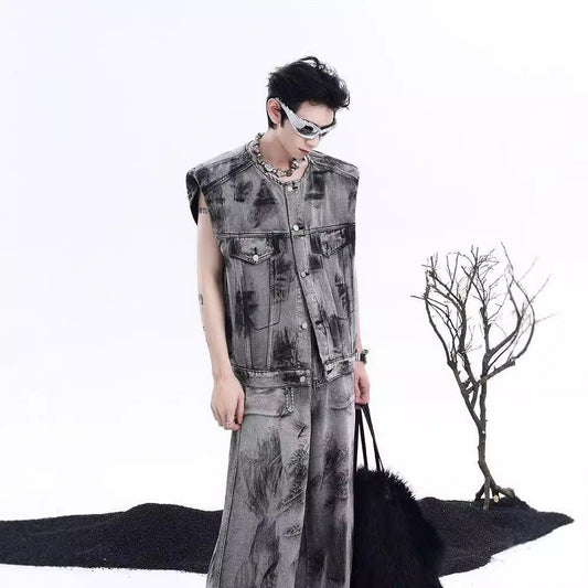 Manteau en jean sans manches à épaules rembourrées et motif graffiti de rue américain