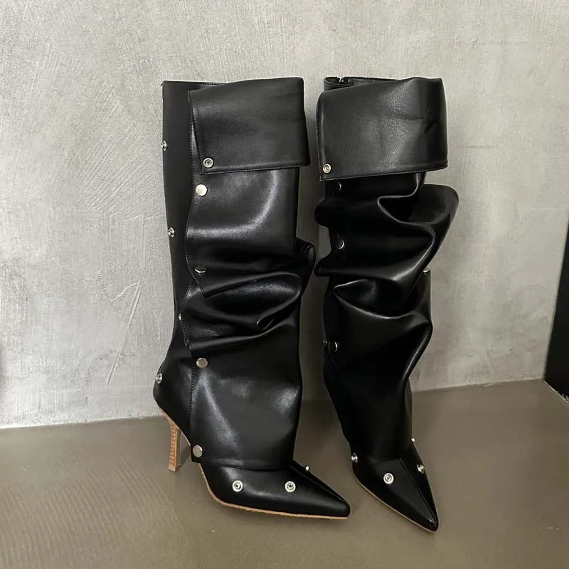 Fashion Buckle Stitching Stiletto Heel Denim Pleated Pile Style Boots